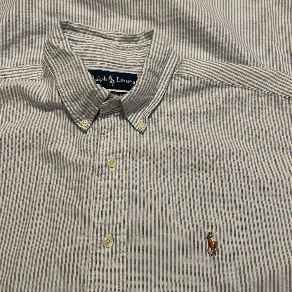 Ralph Lauren Men's White and Blue Striped Button Down Shirt